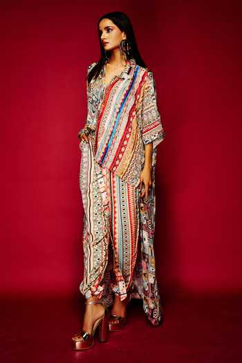 Buy_Esha L Amin_Multi Color Viscose Embroidery Collared Tribal Print And Shirt _Online_at_Aza_Fashions