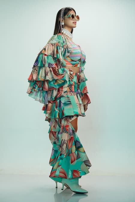 Buy_Esha L Amin_Multi Color Viscose Embroidery Ruffle Sleeve Printed Top _Online_at_Aza_Fashions