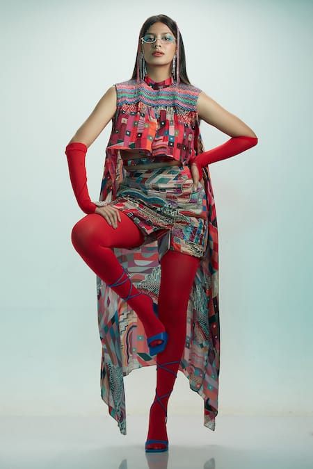 Buy Esha L Amin Pink Modal, Satin Embroidery, Beads Round Neck Geometric Print High Low Top at Aza Fashions Buy_Esha L Amin_Pink Modal, Satin Embroidery, Beads Round Neck Geometric Print High Low Top _at_Aza_Fashions