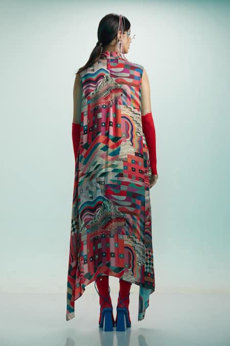 Shop Esha L Amin Pink Modal, Satin Embroidery, Beads Round Neck Geometric Print High Low Top at Aza Fashions Shop_Esha L Amin_Pink Modal, Satin Embroidery, Beads Round Neck Geometric Print High Low Top _at_Aza_Fashions