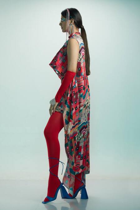 Esha L Amin Pink Modal, Satin Embroidery, Beads Round Neck Geometric Print High Low Top Online at Aza Fashions Esha L Amin_Pink Modal, Satin Embroidery, Beads Round Neck Geometric Print High Low Top _Online_at_Aza_Fashions