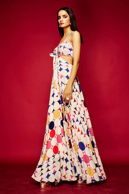 Buy_Esha L Amin_White Viscose Sweetheart Neck Big Polka Dot Print Dress _Online_at_Aza_Fashions