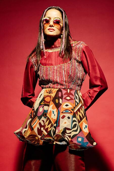 Esha L Amin Multi Color Viscose Sequins, Beads High Neck Tribal Print Short Anarkali Online at Aza Fashions Esha L Amin_Multi Color Viscose Sequins, Beads High Neck Tribal Print Short Anarkali _Online_at_Aza_Fashions