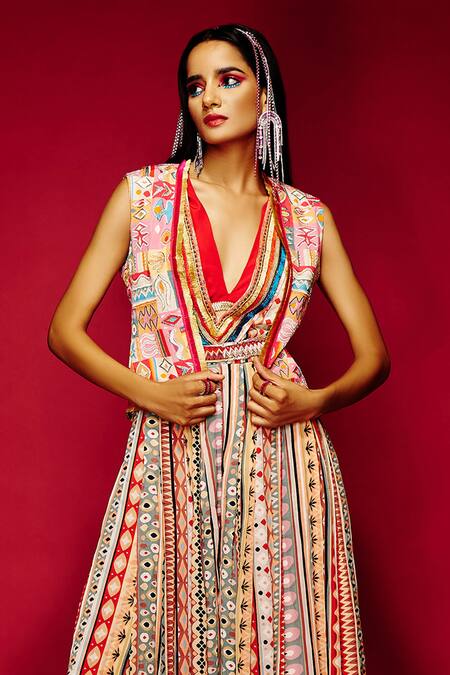 Esha L Amin_Multi Color Viscose Beads, Embroidery Plunge Neck Tribal Print Jumpsuit _Online_at_Aza_Fashions