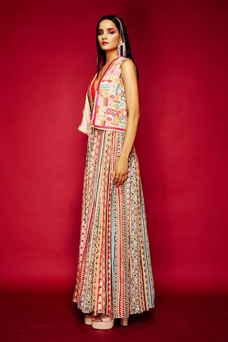 Buy_Esha L Amin_Multi Color Viscose Beads, Embroidery Plunge Neck Tribal Print Jumpsuit _Online_at_Aza_Fashions