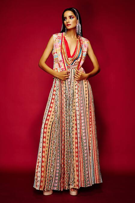 Esha L Amin Multi Color Viscose Sequins, Beads Open Neck Tribal Print Jacket Online at Aza Fashions Esha L Amin_Multi Color Viscose Sequins, Beads Open Neck Tribal Print Jacket _Online_at_Aza_Fashions