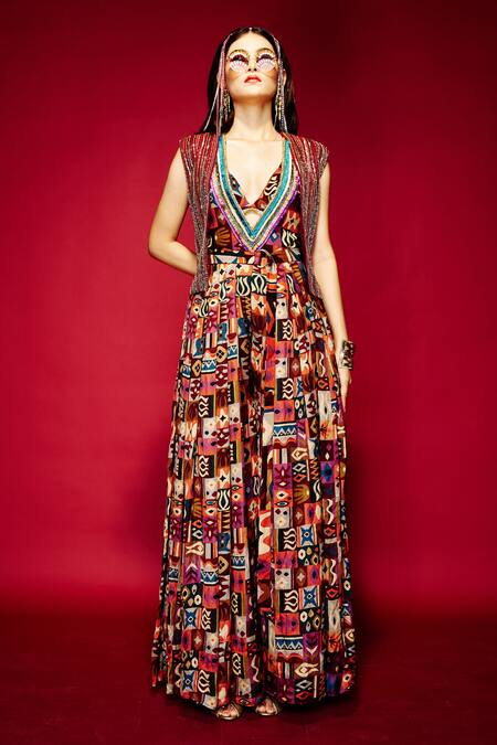 Esha L Amin_Brown Silk Sequins Open Neck Stripe Embroidered Jacket _Online_at_Aza_Fashions