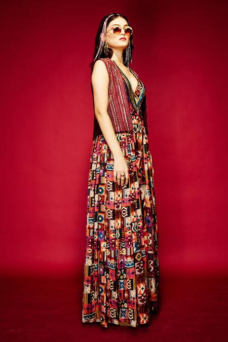 Buy_Esha L Amin_Brown Silk Sequins Open Neck Stripe Embroidered Jacket _Online_at_Aza_Fashions