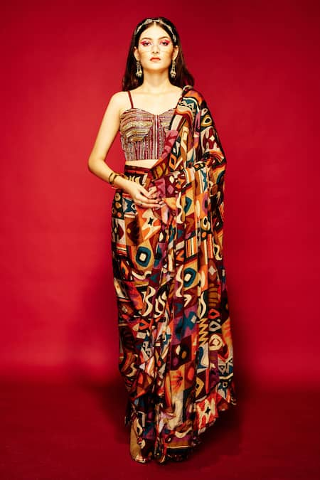 Esha L Amin Brown Modal Satin Printed Geometric Tribal Pre-draped Saree 