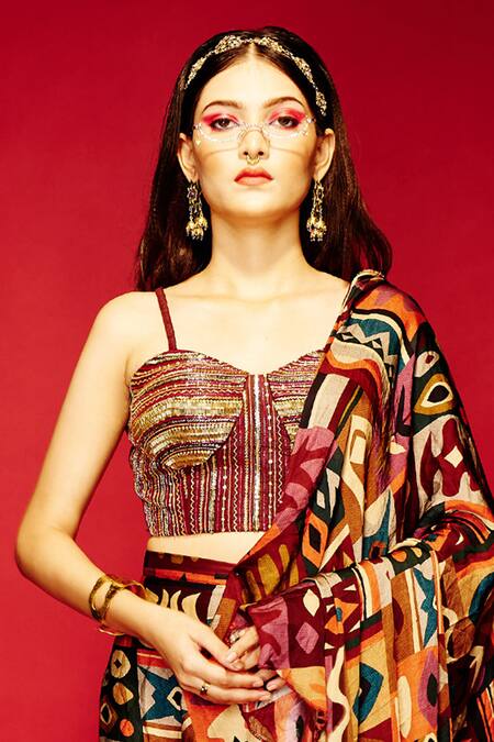 Esha L Amin Brown Modal, Satin Geometric Tribal Print Pre-draped Saree Online at Aza Fashions Esha L Amin_Brown Modal, Satin Geometric Tribal Print Pre-draped Saree _Online_at_Aza_Fashions