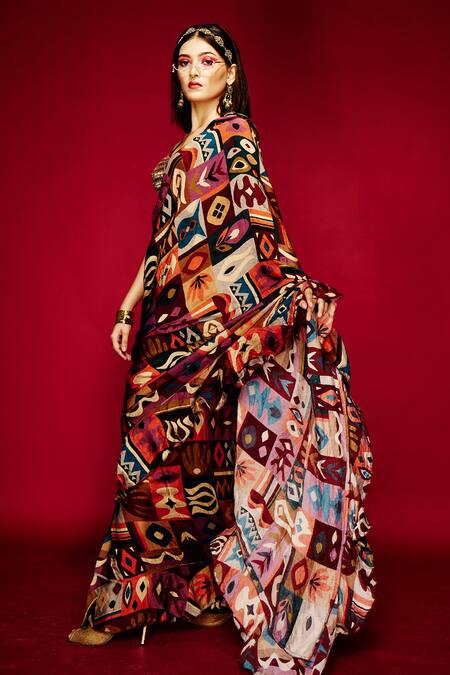 Buy Esha L Amin Brown Modal, Satin Geometric Tribal Print Pre-draped Saree Online at Aza Fashions Buy_Esha L Amin_Brown Modal, Satin Geometric Tribal Print Pre-draped Saree _Online_at_Aza_Fashions