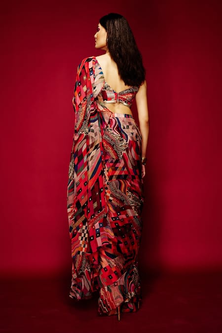 Shop Esha L Amin Orange Organza Folk Print Pre-draped Saree at Aza Fashions Shop_Esha L Amin_Orange Organza Folk Print Pre-draped Saree _at_Aza_Fashions