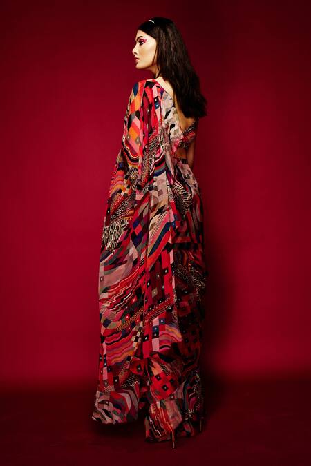 Buy Esha L Amin Orange Organza Folk Print Pre-draped Saree Online at Aza Fashions Buy_Esha L Amin_Orange Organza Folk Print Pre-draped Saree _Online_at_Aza_Fashions