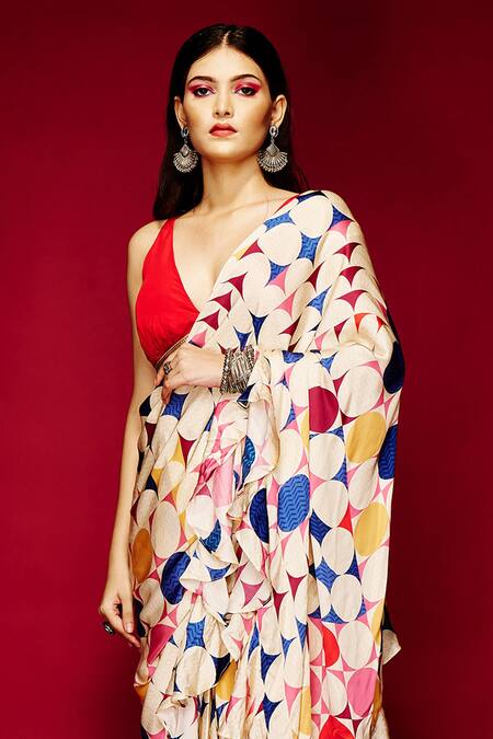 Esha L Amin White Modal Big Polka Dot Print Pre-draped Saree Online at Aza Fashions Esha L Amin_White Modal Big Polka Dot Print Pre-draped Saree _Online_at_Aza_Fashions