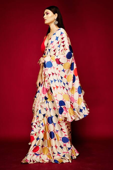 Buy Esha L Amin White Modal Big Polka Dot Print Pre-draped Saree Online at Aza Fashions Buy_Esha L Amin_White Modal Big Polka Dot Print Pre-draped Saree _Online_at_Aza_Fashions