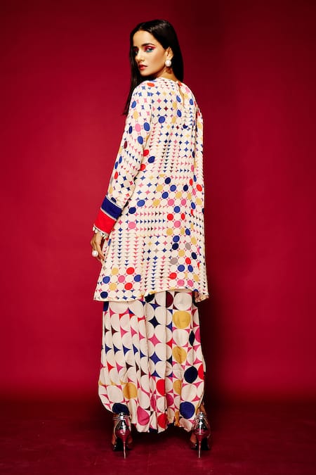 Shop_Esha L Amin_White Modal, Satin Polka Dot Print Dhoti Pant _at_Aza_Fashions