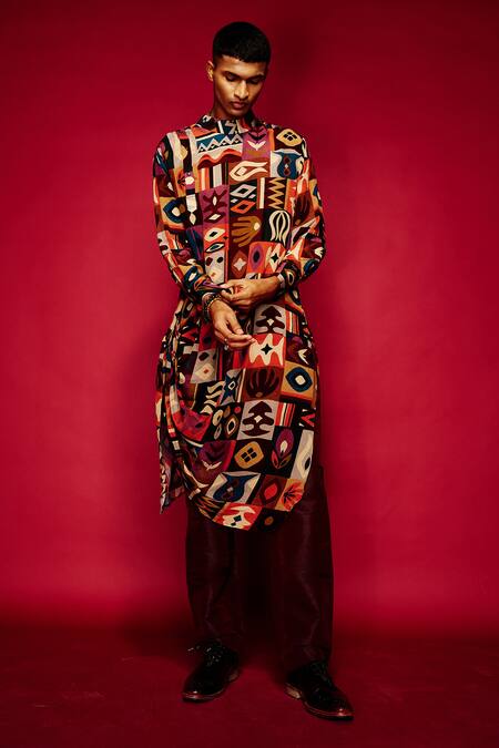 Esha L Amin_Brown Viscose Tribal Print Kurta _Online_at_Aza_Fashions