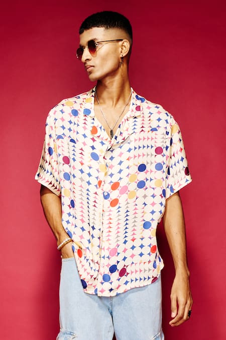 Esha L Amin_White Viscose Embroidery Polka Dot Print Shirt _Online_at_Aza_Fashions