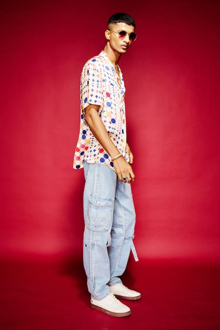 Buy_Esha L Amin_White Viscose Embroidery Polka Dot Print Shirt _Online_at_Aza_Fashions