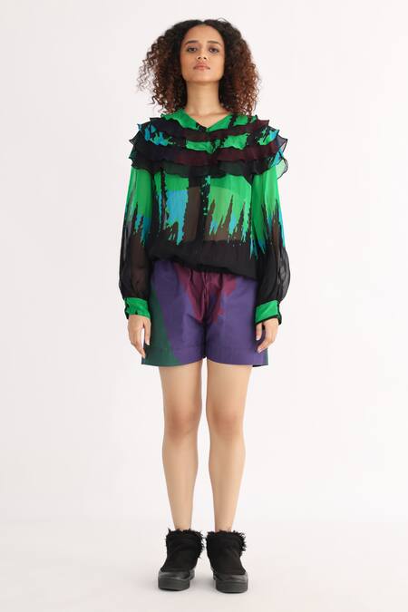 Studio Moda India_Multi Color Organza V-neck Bellatrix Abstract Print Shirt_Online_at_Aza_Fashions