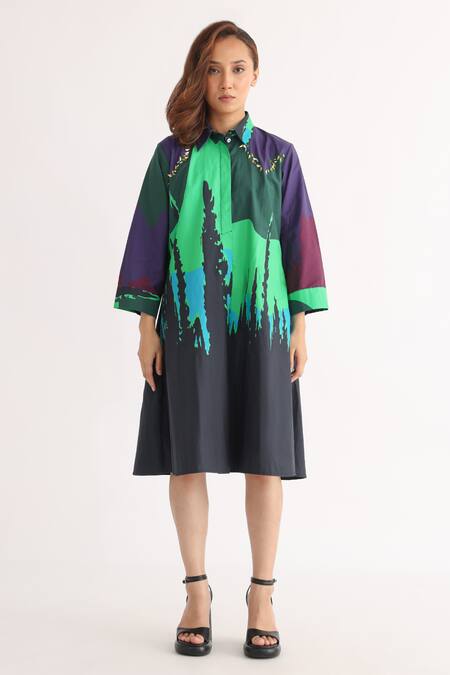 Studio Moda India_Multi Color Cotton Collared Empyrean Abstract Scenery Print Dress_Online_at_Aza_Fashions