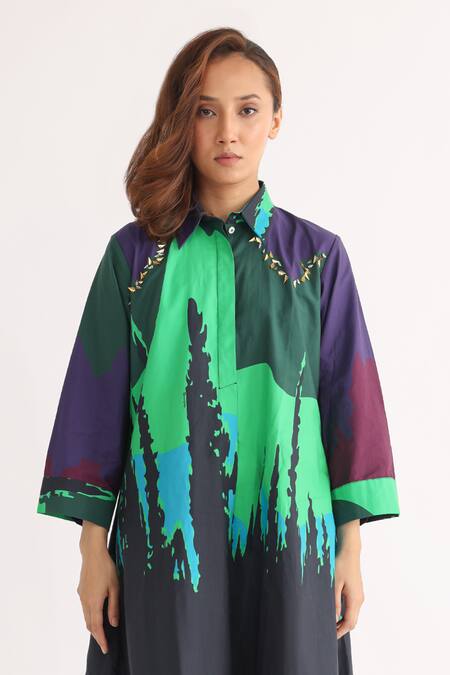 Buy_Studio Moda India_Multi Color Cotton Collared Empyrean Abstract Scenery Print Dress_Online_at_Aza_Fashions