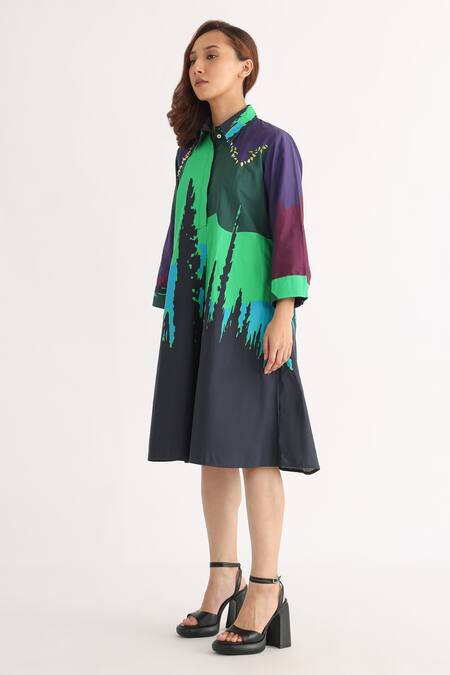Shop_Studio Moda India_Multi Color Cotton Collared Empyrean Abstract Scenery Print Dress_Online_at_Aza_Fashions