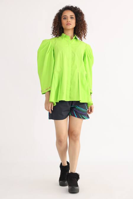 Studio Moda India Green Cotton Embroidery Collared Pucker Exaggerated Sleeve Shirt Online at Aza Fashions Studio Moda India_Green Cotton Embroidery Collared Pucker Exaggerated Sleeve Shirt _Online_at_Aza_Fashions