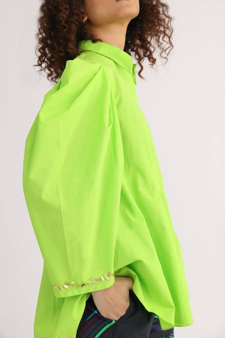 Buy Studio Moda India Green Cotton Embroidery Collared Pucker Exaggerated Sleeve Shirt Online at Aza Fashions Buy_Studio Moda India_Green Cotton Embroidery Collared Pucker Exaggerated Sleeve Shirt _Online_at_Aza_Fashions