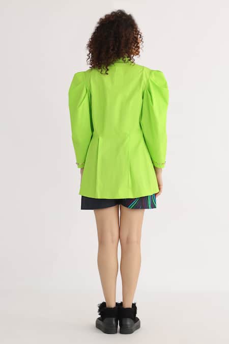 Shop Studio Moda India Green Cotton Embroidery Collared Pucker Exaggerated Sleeve Shirt at Aza Fashions Shop_Studio Moda India_Green Cotton Embroidery Collared Pucker Exaggerated Sleeve Shirt _at_Aza_Fashions