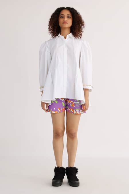 Studio Moda India_White Cotton Embroidery Collared Pucker Exaggerated Sleeve Plain Shirt _Online_at_Aza_Fashions