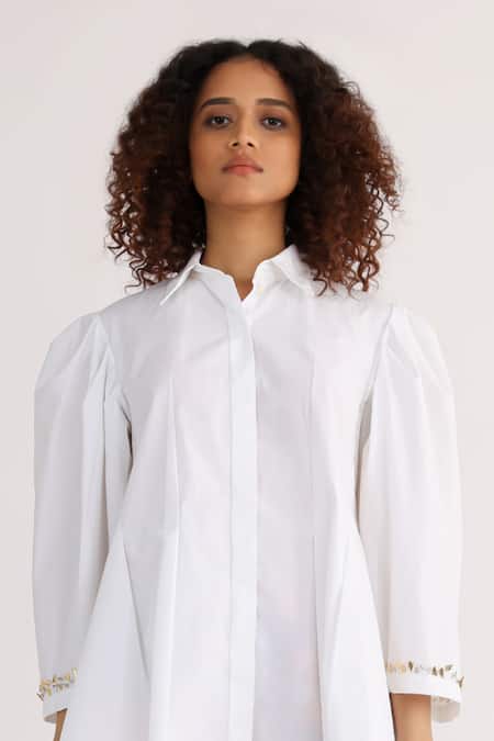 Buy_Studio Moda India_White Cotton Embroidery Collared Pucker Exaggerated Sleeve Plain Shirt _Online_at_Aza_Fashions