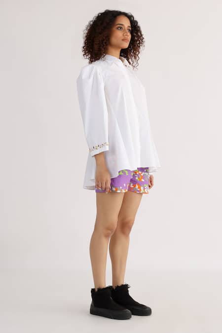 Shop_Studio Moda India_White Cotton Embroidery Collared Pucker Exaggerated Sleeve Plain Shirt _Online_at_Aza_Fashions