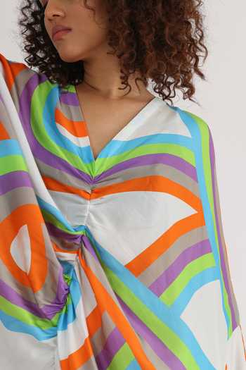 Studio Moda India_Multi Color Bamboo V-neck Celeste Abstract Pattern Dress_Online_at_Aza_Fashions