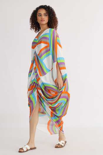 Buy_Studio Moda India_Multi Color Bamboo V-neck Celeste Abstract Pattern Dress_Online_at_Aza_Fashions