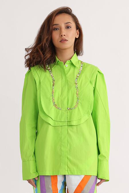 Studio Moda India_Green Cotton Embroidery Collared Teoria Shirt _Online_at_Aza_Fashions