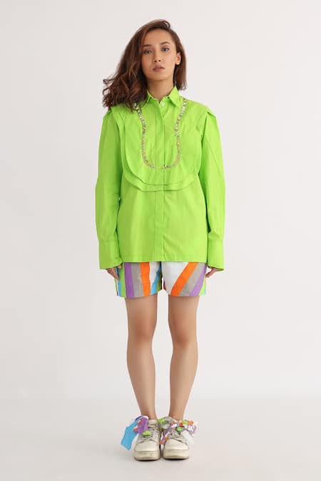 Buy_Studio Moda India_Green Cotton Embroidery Collared Teoria Shirt _Online_at_Aza_Fashions