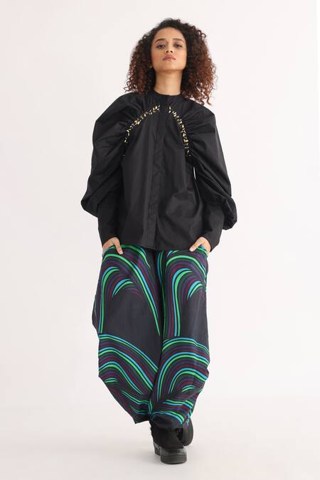 Buy_Studio Moda India_Black Cotton Embroidery Round Neck Tipid Raglan Puff Sleeve Shirt _Online_at_Aza_Fashions