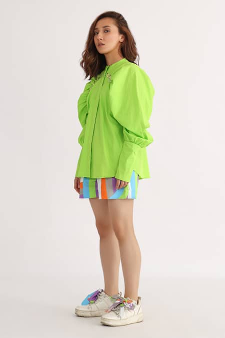 Studio Moda India_Green Cotton Embroidery Collared Tipid Raglan Puff Sleeve Shirt _Online_at_Aza_Fashions