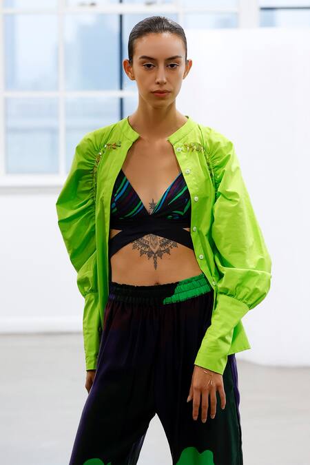 Shop_Studio Moda India_Green Cotton Embroidery Collared Tipid Raglan Puff Sleeve Shirt _Online_at_Aza_Fashions