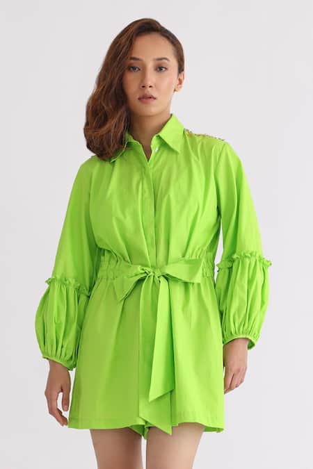 Studio Moda India_Green Cotton Collared The Melinoe Front Tie Up Playsuit _Online_at_Aza_Fashions