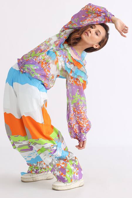 Studio Moda India_Multi Color Cotton Abstract Camo Print Dhoti Style Pant_Online_at_Aza_Fashions