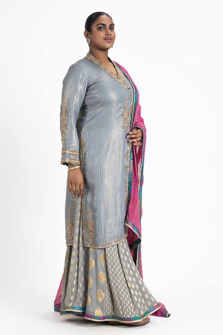 Buy_Nitika Gujral_Grey Georgette, Net Embroidery V-neck Zardozi Angrakha Sharara Set _Online_at_Aza_Fashions