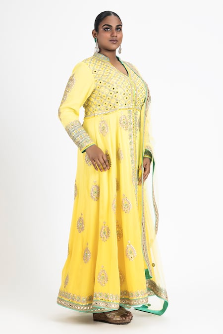 Nitika Gujral_Yellow Net, Georgette, Satin Gota Patti, Ombre Anarkali Jacket Palazzo Set _Online_at_Aza_Fashions