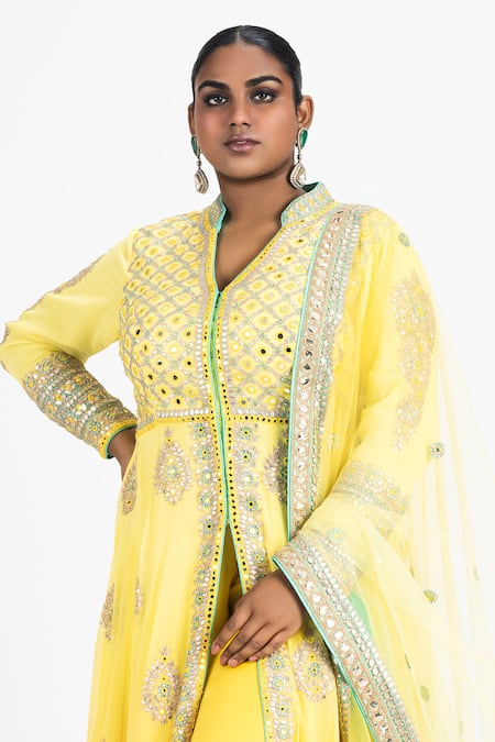 Buy_Nitika Gujral_Yellow Net, Georgette, Satin Gota Patti, Ombre Anarkali Jacket Palazzo Set _Online_at_Aza_Fashions
