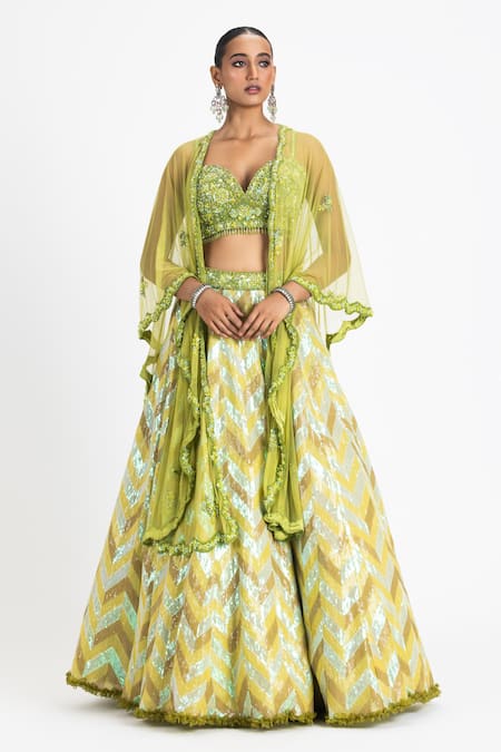 Nitika Gujral Scallop Border Embroidered Cape Lehenga Set 