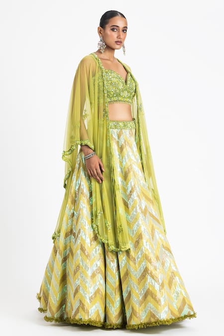 Nitika Gujral_Green Satin, Net Crystals, Sequins, Scallop Border Embroidered Cape Lehenga Set _Online_at_Aza_Fashions