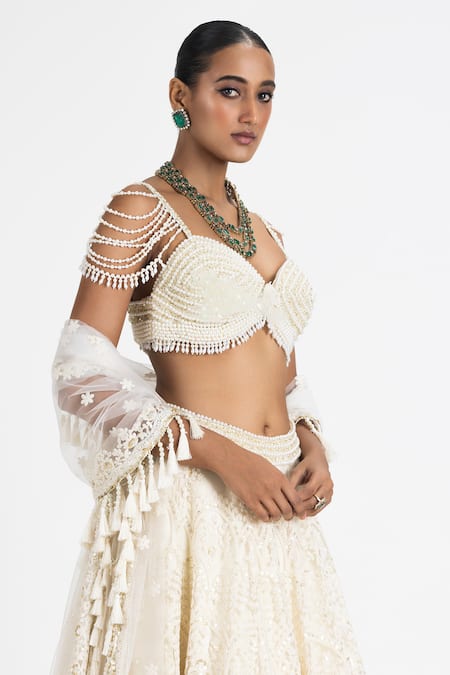 Nitika Gujral_Off White Satin, Net Pearls, Sequins, Embroidery, Resham Lehenga Bustier Set _Online_at_Aza_Fashions
