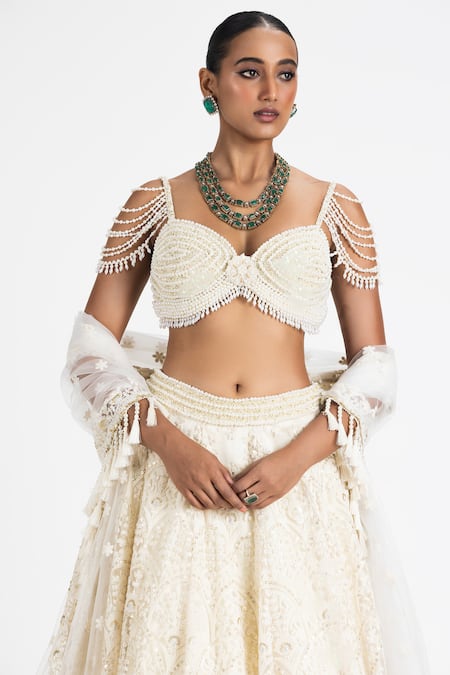 Buy_Nitika Gujral_Off White Satin, Net Pearls, Sequins, Embroidery, Resham Lehenga Bustier Set _Online_at_Aza_Fashions