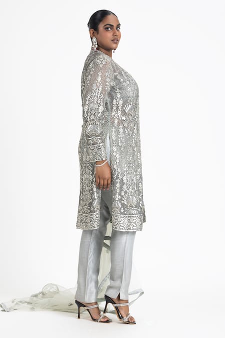 Nitika Gujral_Grey Net, Silk Beads, Sequins, Crystals Mandarin Embroidered Jacket Trouser Set _Online_at_Aza_Fashions